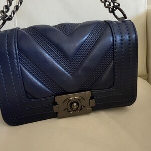Quilted Leather Shoulder Bag - Navy Blue